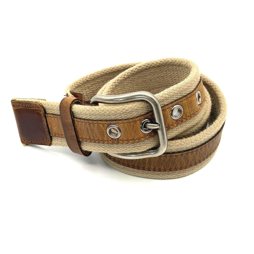 Mens Canvas & Leather Belt 33" Tan Brown Grommet Silver Buckle Made in USA